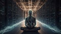 AI-enhanced, neural illustration of human in lotus position, wired to server, intersection of technology and meditation