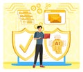 AI Enhanced Phishing Protection. Man Using Laptop with AI and Cyber security Elements. Royalty Free Stock Photo