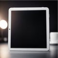 White Tablet with Blank Black Screen Standing on a Desk in a Moody Studio Royalty Free Stock Photo