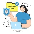 AI ethics concept. Woman using laptop, ensuring AI's commitment to privacy