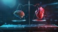 AI Ethics and Governance. AI brain and human heart balanced on a digital scale