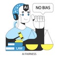 AI ethics. AI robotic system voicing No Bias with balanced scales. Justice