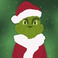 Grinch dressed as santa, kind grinch, cartoon christmas character with green background