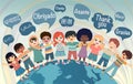 Children hugging and coming from different nations . Text -thank you- in various languages Royalty Free Stock Photo