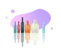 Glass multicolored bottles on purple background