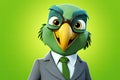 Feathers of Finance: 3D-Generated Parrot Embracing the Business Look on Green Gradient Background