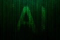 AI with flying binary green code, creative background. Programming and Artificial Intelligence
