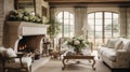 Frechn Country home interior living room, rural regions of France,light colors, rustic furniture, Toile-de-Jouy items