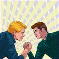 Two men competing in close combat Business people Illustration vector On pop art comic style City background Royalty Free Stock Photo