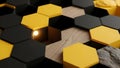 A close-up view of a hexagonal tile pattern with yellow and blac Royalty Free Stock Photo