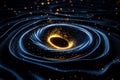 Abstract representation of a black hole, with glowing particles swirling around its event horizon. A mesmerizing depiction of