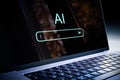 AI generate content with prompt in laptop. Image with artificial intelligence in computer. Work with chatbot and text model. Royalty Free Stock Photo