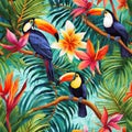 AI generate Firefly Create a tropical-themed seamless pattern with vibrant palm leaves, exotic flowers, and touch