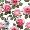 AI generate Firefly rabbit and pink rose seamless pattern white background