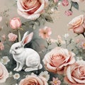 AI generate Firefly Seamless pattern of rose,rabbit and Blooming flowers with watercolor on pastel background