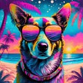 AI generate Firefly T-shirt design of a dog wearing sunglasses with a tropical beach, in the stAyle of neon halluA