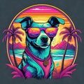 AI generate Firefly T-shirt design of a dog wearing sunglasses with a tropical beach, in the stAyle of neon halluA