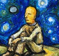 AI generate illustration of a man sitting in front of the Starry Night painting of Vincent Van Gogh Royalty Free Stock Photo