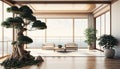 Ai generate Minimal japan style room open door terrace to wind sofa living room at to seaview high beautiful Landscape