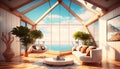Ai generate Minimal room open door terrace to wind sofa living room at to seaview high beautiful Landscape