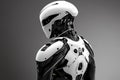 A modern, sleek robotic exoskeleton with a minimalist design, rendered in black and white with subtle shading