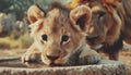 cute young lion drinking .ai generated