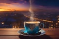 Ai generated 8K panorama of a night scene, with a cup of coffee placed by the window.