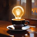 AI generated abstract artwork depicting a glowing incandescent bulb on a cup of tea