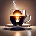 AI generated abstract artwork depicting a glowing incandescent bulb dipped into a cup of tea