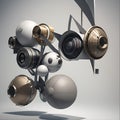 AI generated abstract 3D image of several multiple spherical electronic spare parts on a white background Royalty Free Stock Photo
