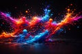 AI generated abstract horizontal liquid color collision with intense motion and vibrant splashes on dark background creating Royalty Free Stock Photo