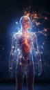 abstract illustration of a transparent human body with internal organs and visualization of neural energy