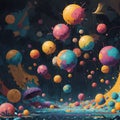 AI generated abstract image depicting colorful spheres, mushrooms and a water body