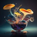 AI generated abstract multicolored composition, giant mushroom in shape of colourful flowers