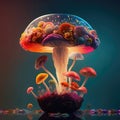 AI generated abstract multicolored composition, giant mushroom in shape of colourful flowers