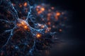 AI generated abstract neural energy network with glowing blue structures and orange nodes on dark background expressing digital Royalty Free Stock Photo