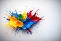 AI generated abstract paint splash with vibrant yellow blue red and green colors exploding in dynamic motion on clean white Royalty Free Stock Photo