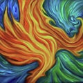 AI generated acrylic painting of fire flames on a green and blue coloured canvas Royalty Free Stock Photo