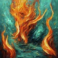 AI generated acrylic painting of orange flames of fire in the midst of waves of blue water.