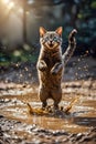 Playful Tabby Cat Jumping In Muddy Water With Dynamic Splash And Motion Royalty Free Stock Photo