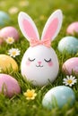 Cute Easter Bunny Egg With Closed Eyes In Spring Grass And Pastel Eggs Royalty Free Stock Photo