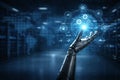 AI generated advanced artificial intelligence technology robotic hand interacting digital network icons and global data map Royalty Free Stock Photo