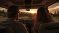 AI Generated Adventurous Couple Romantic Sunset Road Trip in Camper Van