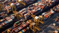 AI Generated. Aerial view closed up container ship in port at container terminal port. Container ship stand in terminal port on Royalty Free Stock Photo