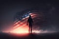 AI generated american hero patriot man at dark USA flag background blowing wind Royalty Free Stock Photo