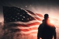 AI generated american hero patriot man at dark USA flag background blowing wind Royalty Free Stock Photo
