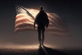 AI generated american hero patriot man at dark USA flag background blowing wind Royalty Free Stock Photo