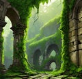 AI generated ancient ruins covered by green creepers and vegetation with broken walls, pillars and steps