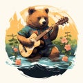 animal illustration of a chilled-out bear playing a ukulele, creating a whimsical and melodic by AI generated