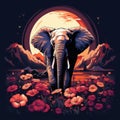 animal illustration of a contented elephant sitting in a field of flowers by AI generated